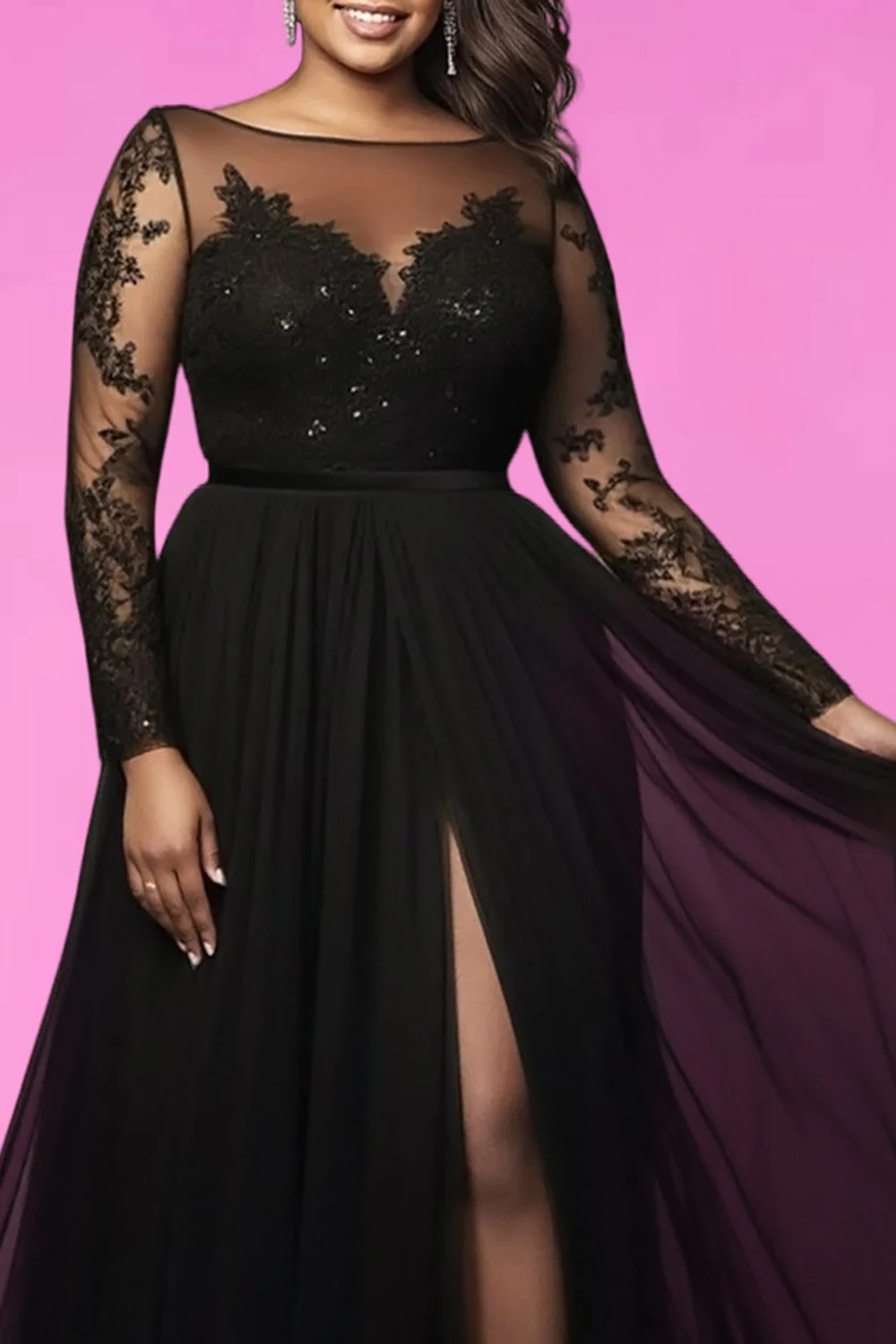 Plus Size Wedding Black Boat Neck Long Sleeve See Through Elegant Split Chiffon Lace Maxi Dresses