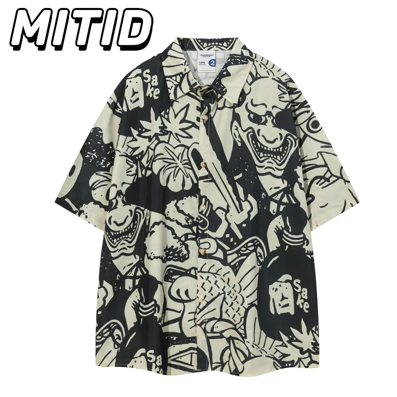 

Summer Shirts for Men Print Casual Loose Fashion High Street Tops Versatile Beach Vibe Hip Hop Short Sleeve Shirts Men Clothing