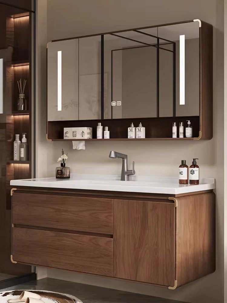 Oak simple modern smart bathroom mirror cabinet combination paint solid wood new Chinese bathroom washstand