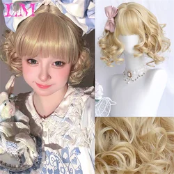 Blonde Short Curly Bob Synthetic Wigs with Bangs Platium Golden Lolita Cosplay Wigs for Women Daily Party Cosplay Heat Resistant
