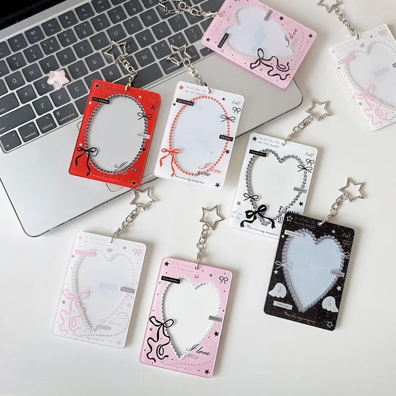 Heart Bow Photocard Holder With Star Keychain Cute Lace Frame ID Card Cover Kpop Photocard Sleeve Bag Pendant Gift For Fans Gir