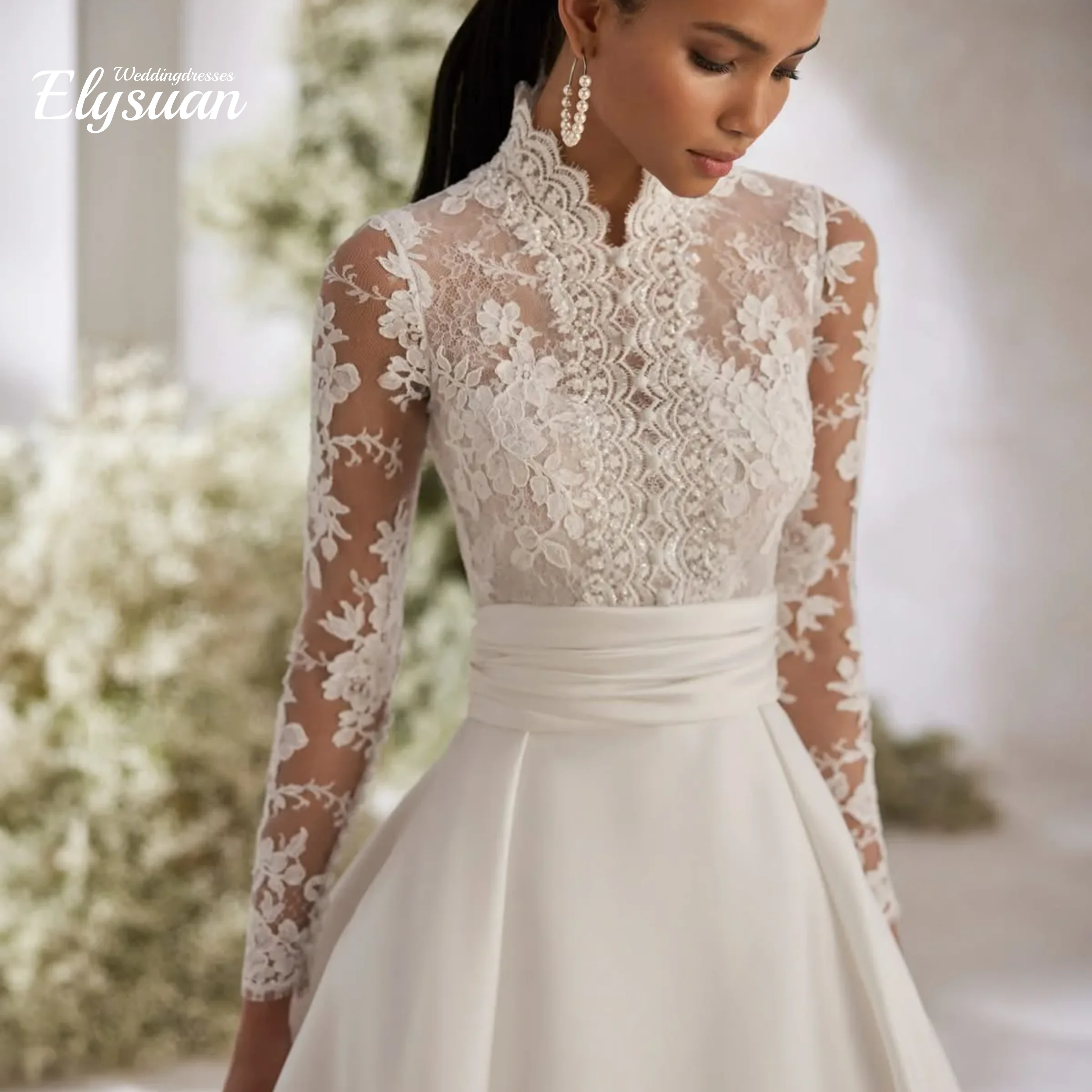 Customized Lace Appliques Wedding Dresses High Collar Long Sleeves  A-Line Bridal Gowns Party Dress  Vestidods De Novia image 3