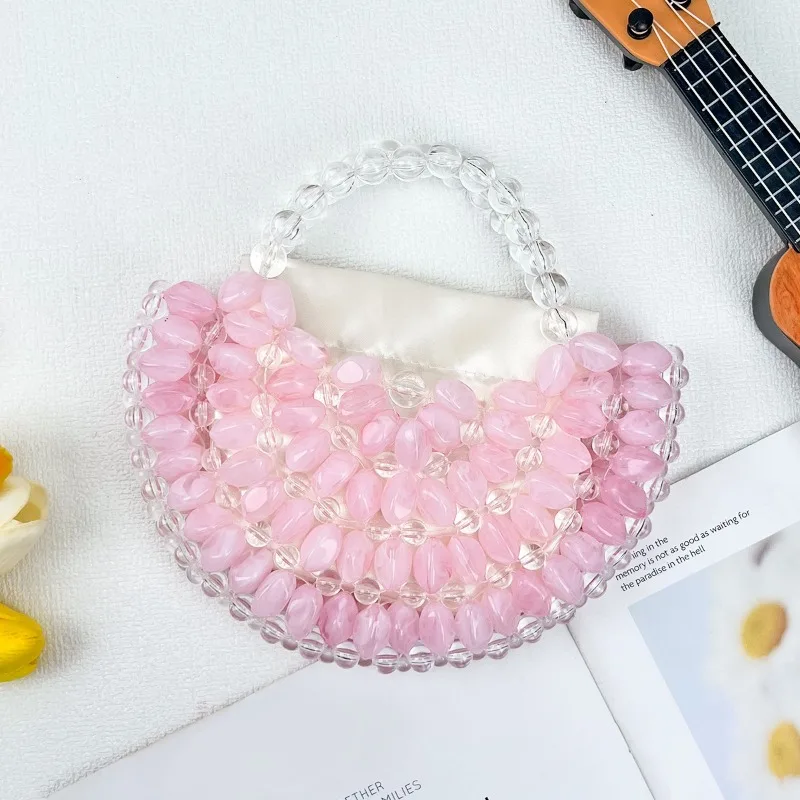Handmade Transparent Crystal Beaded Evening Bag Half Moon Shaped Summer Party Wedding Clutches Bag Colorful Oval Beads Handmade