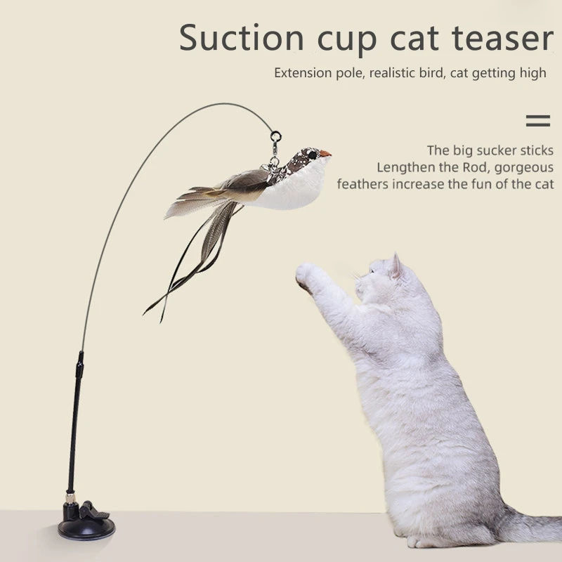 Interactive Cat Toy Funny Simulation Feather Bird with Suction Cup Cat Stick Toy for Kitten Playing Teaser Wand Toy Cat Supplies