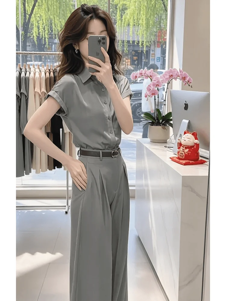 Unique Beautiful Small Set 2026 New Style Casual  Collar Short Sleeve Shirt High Waist Wide Leg Pants Women's Two-Piece Set view 3