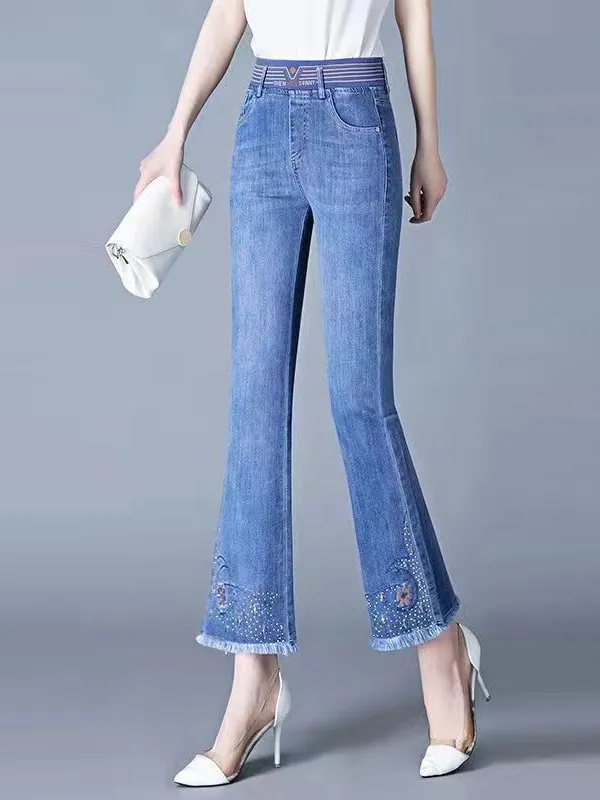 High Waist Micro Flare Nine Points Jeans Women's Summer New Elastic Waist Bell Bottoms Embroidered Diamond Stitching
