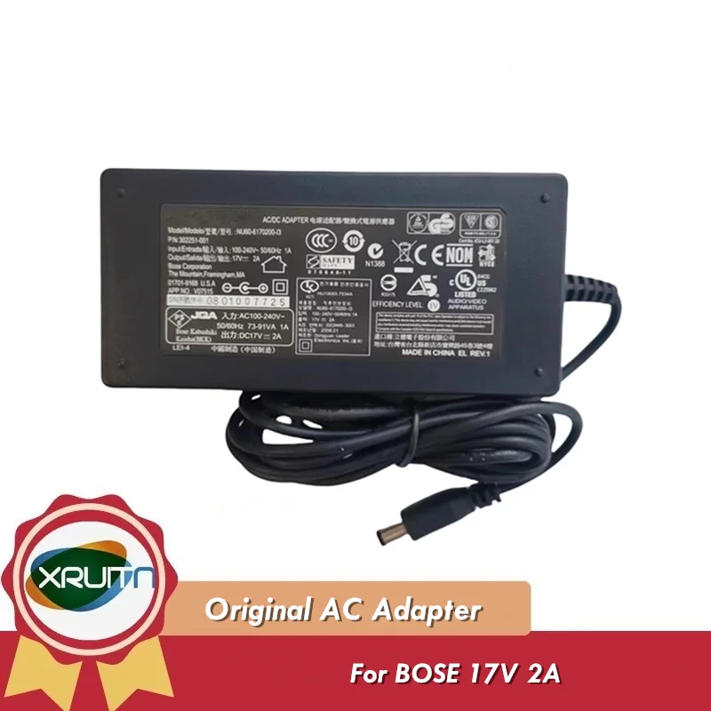

Genuine NU60-6170200-I3 AC/DC Adapter P/N 302251-001 17V 2A 34W Charger for Bose Music Monitor M2 M3 Power Supply Adaptor