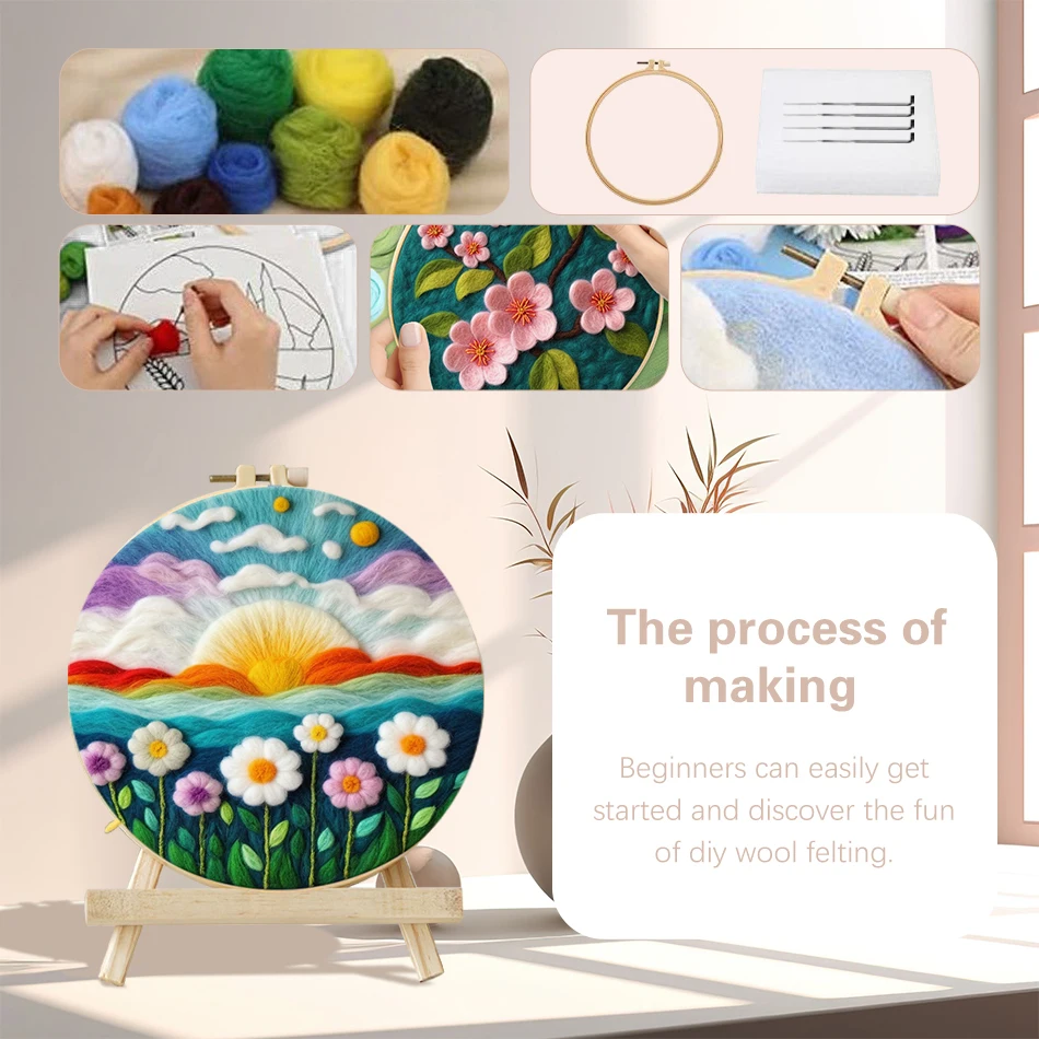CHENISTORY 20x20cm Frame With Wool Felting Painting Kit Landscape Funny Diy Felt Crafts Package Felt Needle For Home Decoration