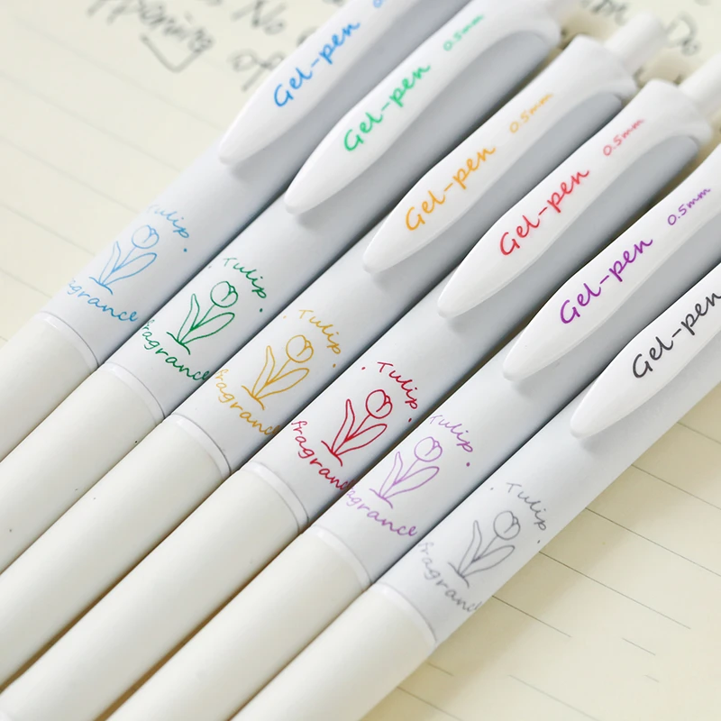 6pcs Tulip Fragrance Gel Pen Set Fresh Flower 0.5mm Ballpoint Black Color Ink for Writing School Student Office A7239