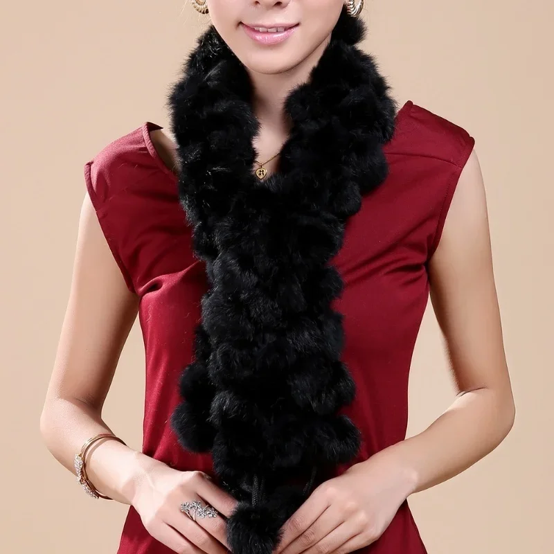 Natuurlijke konijnenbontkragen uitlaat pompom ballen sjaal 2025 winter warm echt konijnenbont sjaal voor vrouwen 100% echt bont sjaals