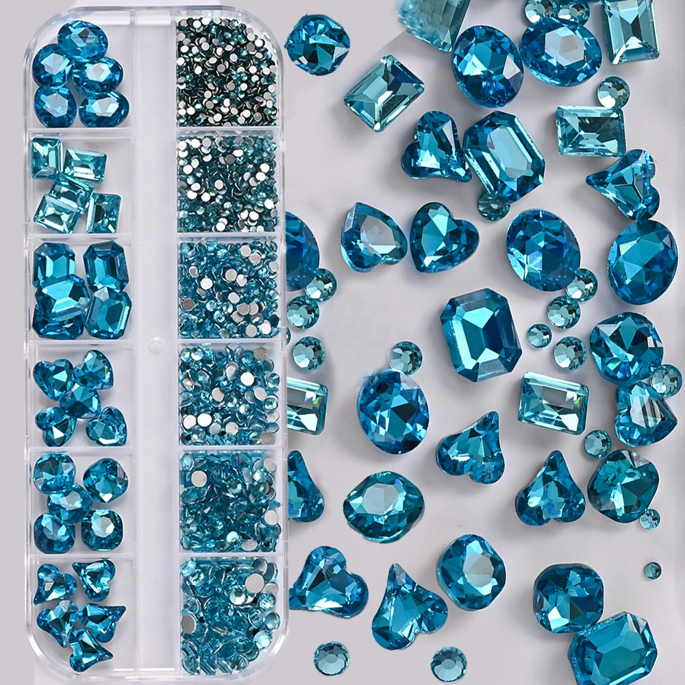 

12Grids K9 Blue Oval Heart Square Gem Nail Rhinestones 3D Multi Shape-Size Glass Crystals Stones Nails Jewelry Glitter Y2k Decor