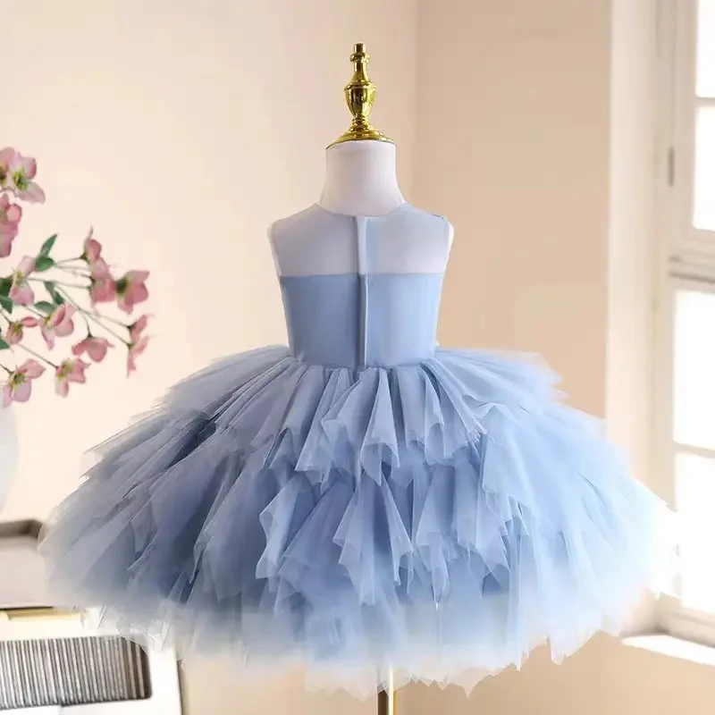 Gaun Gadis Bunga Biru Muda Kustom untuk Pernikahan Applique Berlapis Panjang Lutut Gaun Perjamuan Komuni Pertama Anak Cantik