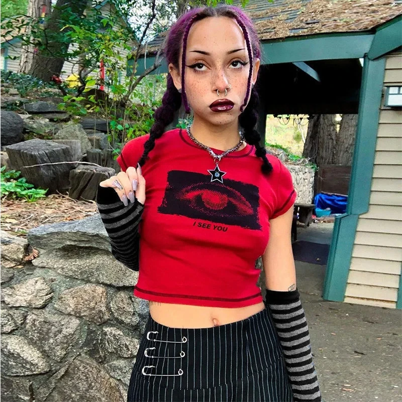 Fairy grunge Women Y2k Style Crop Top o-collo Tshirt Red Streetwear T-Shirt manica corta Punk Vintage Gothic Graphic emo T Shirt