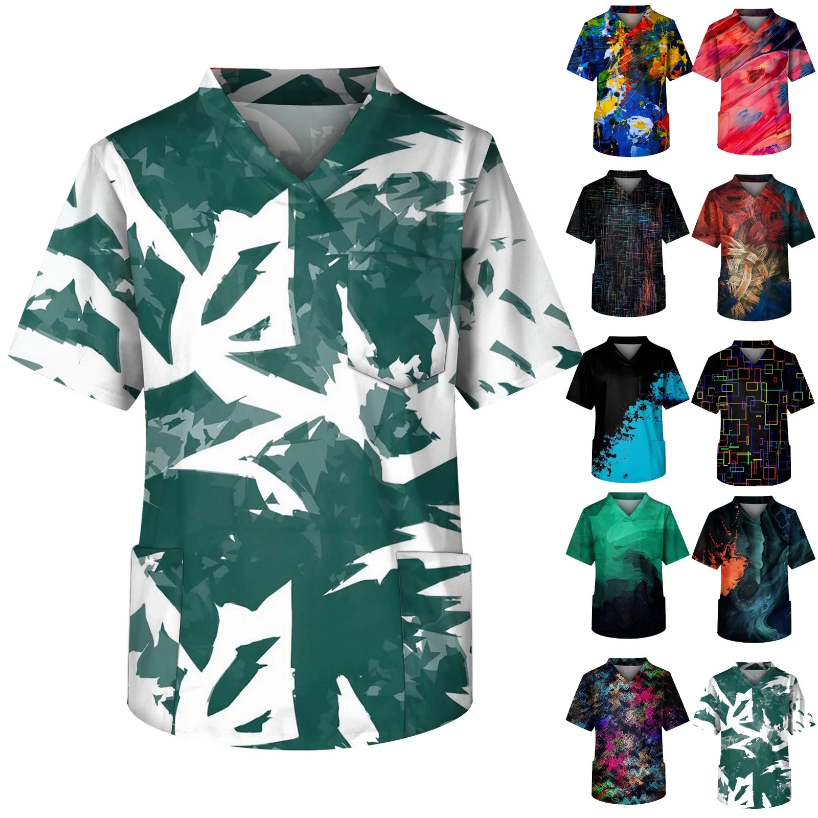 Heren Korte Mouw V-Hals Gradiënt Print Borstzak Verzorger Top Gezondheidszorg Kliniek Kleding Verpleegkundige Uniform Zomer Oversized T-Shirts