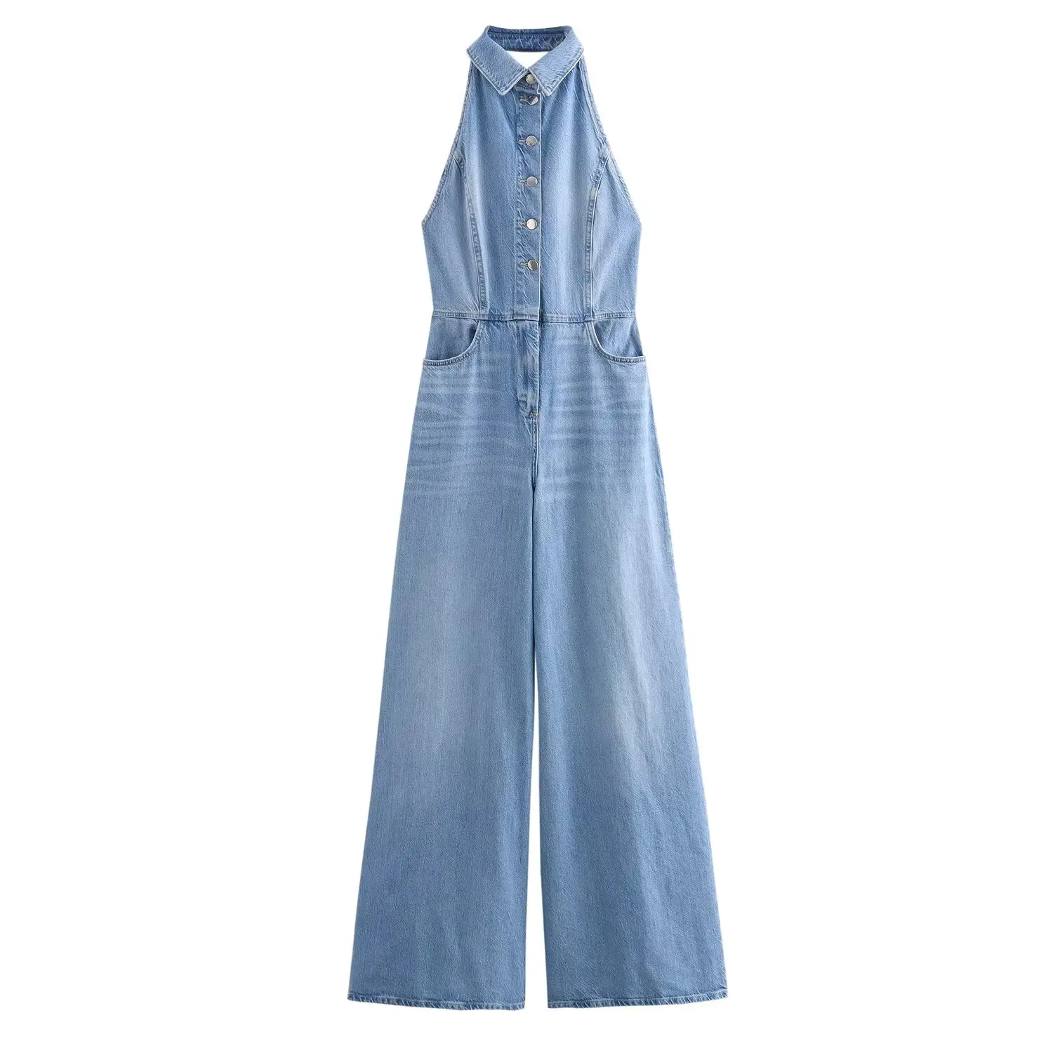 TRAFZA Women Fashion High Street Jumpsuits Denim Blue Sleeveless Backless Pockets Single Breasted Summer Jumpsuit Women Trendy