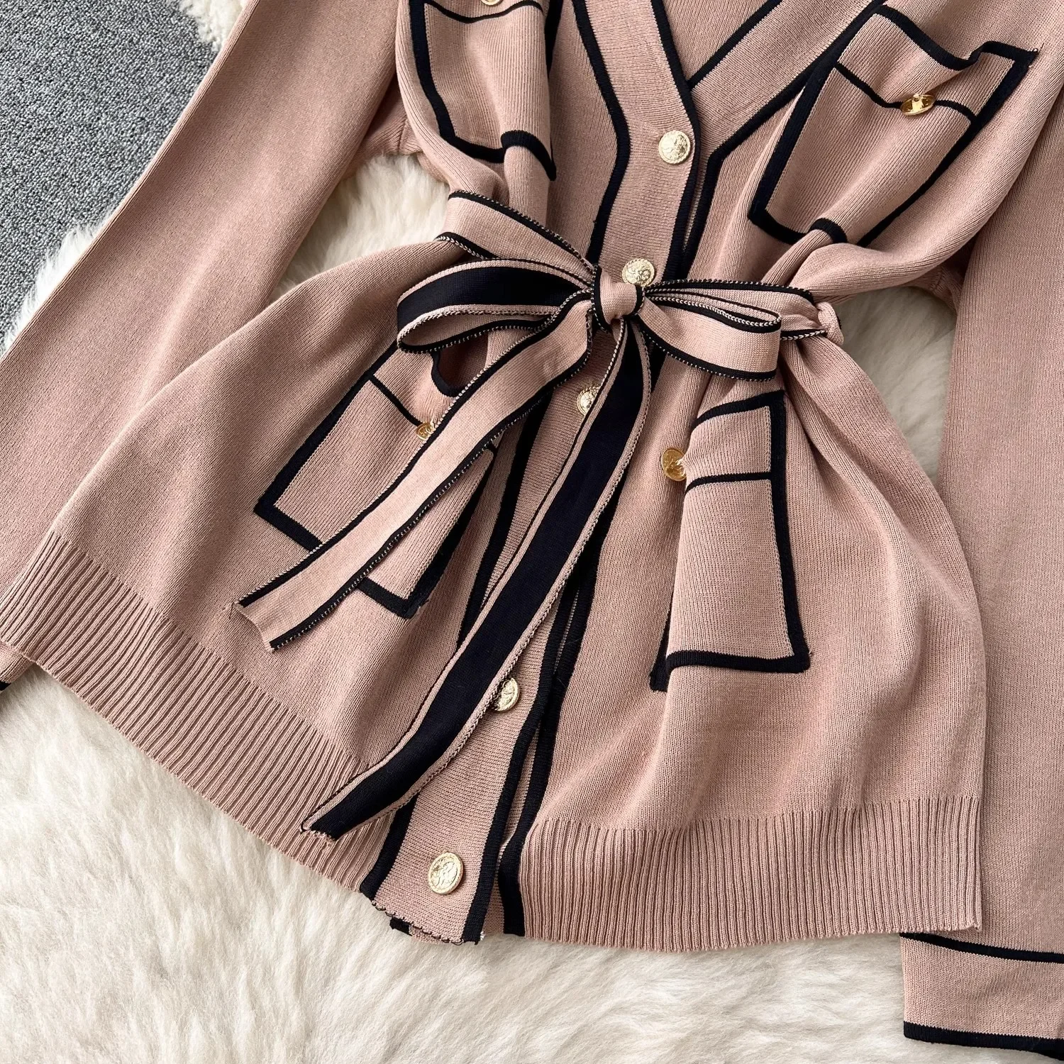 Autumn Winter Women Long Sleeve Pockets Sash Knitted Cardigans Coat + Wide Leg Full Pants Sets Two Piece Set Womens Outfits