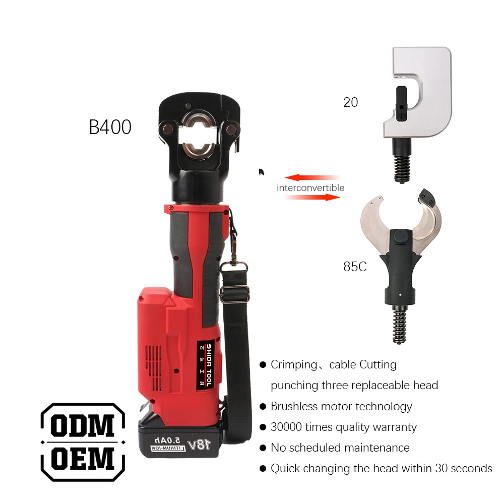 B400/85C/B20 3 in 1 Battery Powered Stainless Steel Hydraulic Cable Crimping and Cutting and Punching Tool with Changeable Heads
