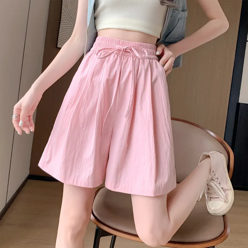 Summer Women's Short Thin Cotton Wide Leg Short Pants Solid Loose Casual Shorts High Waisted Drawstring Shorts for Women