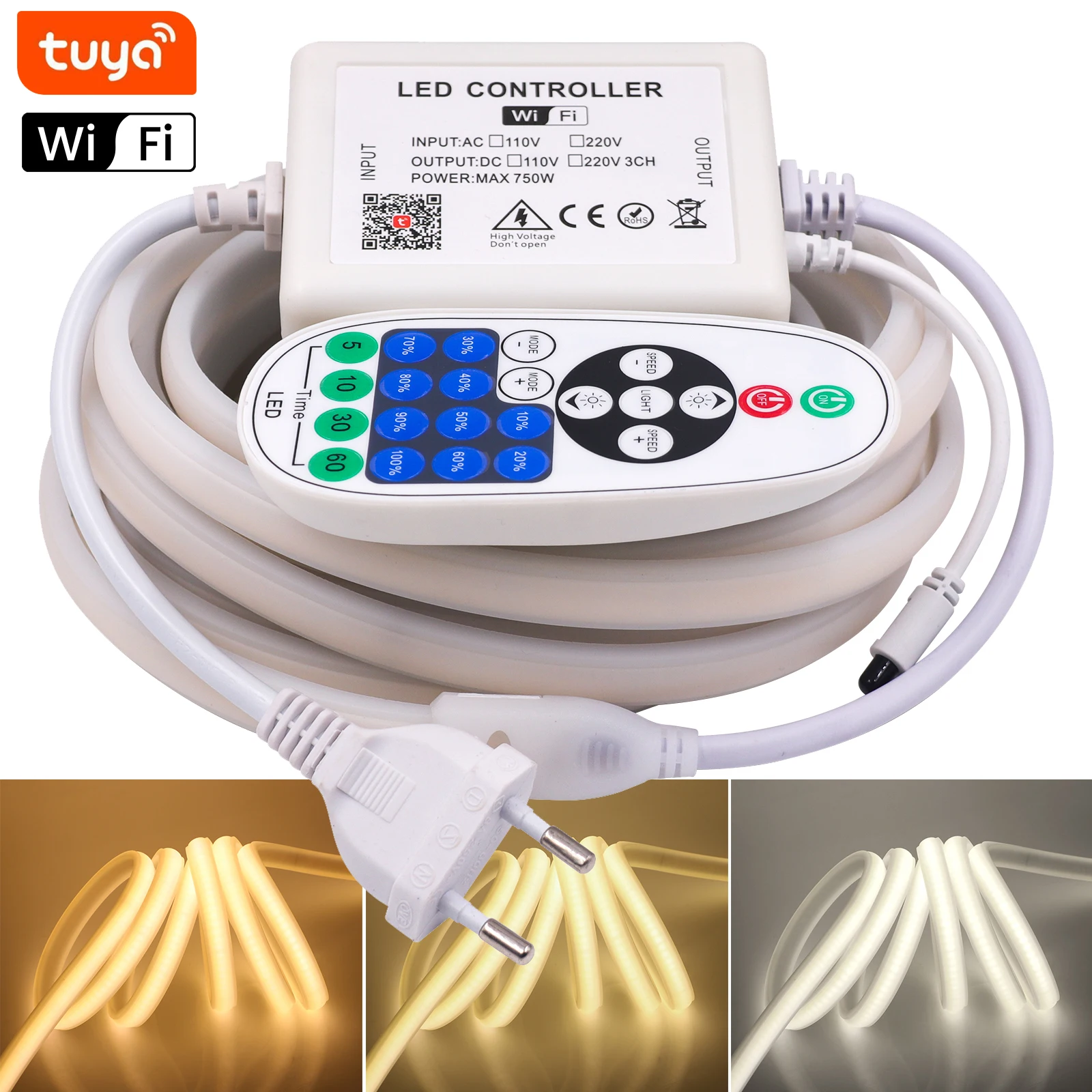 

Tuya Wifi Alexa Control Dimmerable AC 220V COB Neon Light 288Leds/M IP65 Waterproof Flexible Ribbon Tape LED Strip