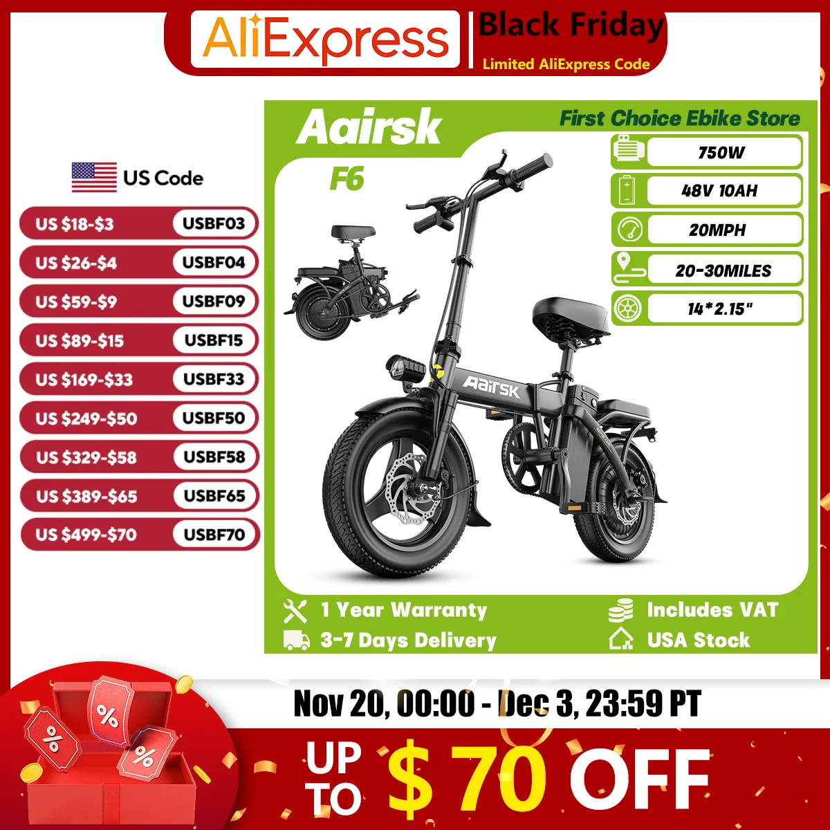 

Aairsk F6 Adult Folding Ebike 750W Peak Motor 48V 10Ah Battery Travel Electric Bicycle 14*2.15" Tire Commuting Electric Bike