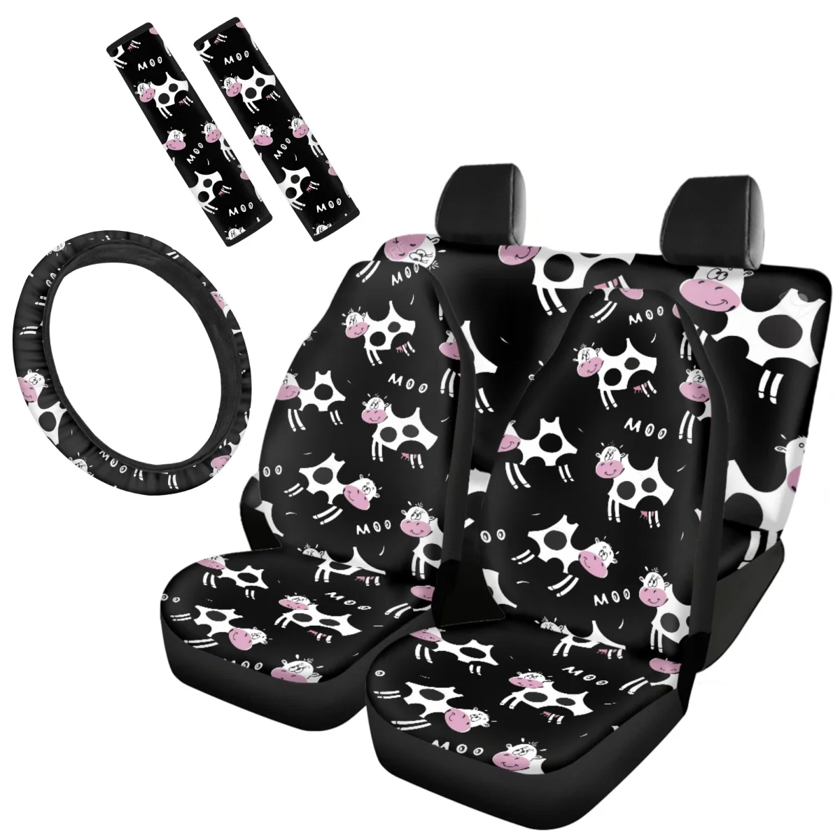 7Pcs Car Accessories Cute Spotted Cow Front Back Seat Cover Set Easy Installation Vehicle Supplies Seatbelt Steering Wheel Cover