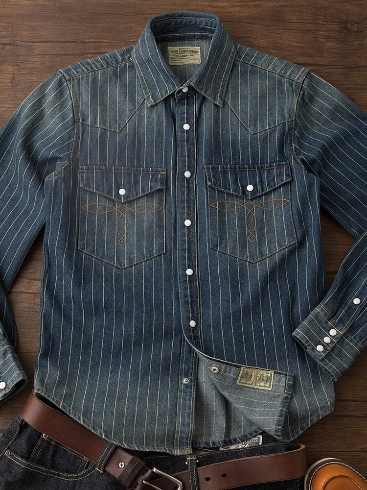 

Ретро-рубашка из американского денима с эффектом потертости, мужская, с длинным рукавом, в полоску, рабочая куртка, стандартный крой, хлопок, молодежная мода, городской стиль