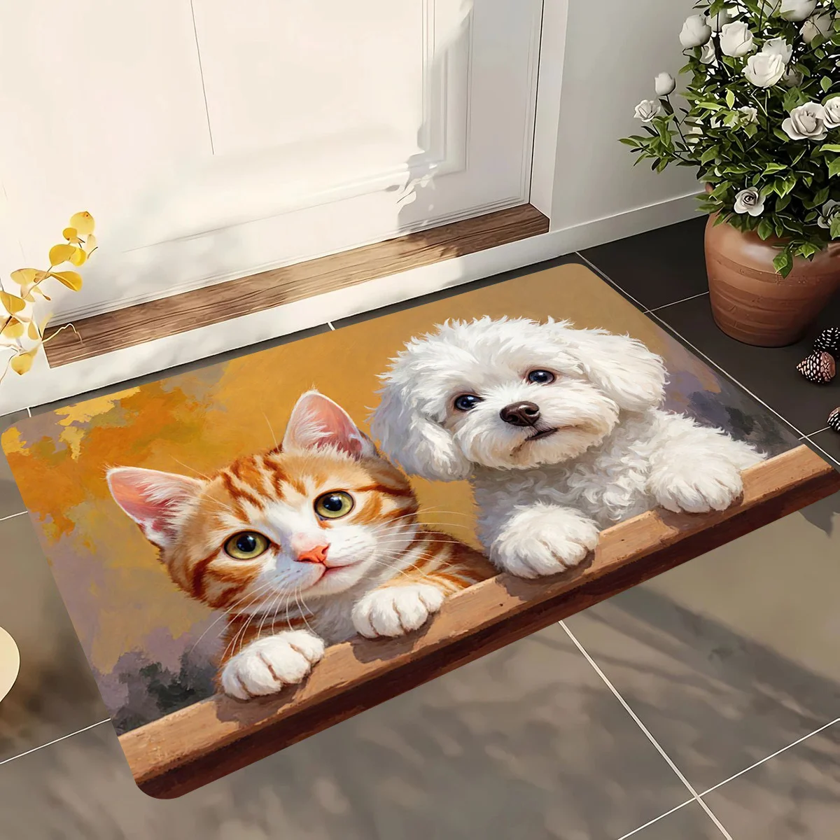 Entrance Mat with Soft And Comfortable 100% PolyesterFeaturing Patterns of Kittens And Puppies, Suitable for Home Decoration i
