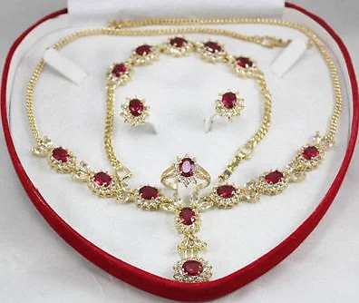 

women's gift red GEM Crystal Necklace 18" Bracelet 7.5" Earring ring Size 6,7,8,9# NO BOX