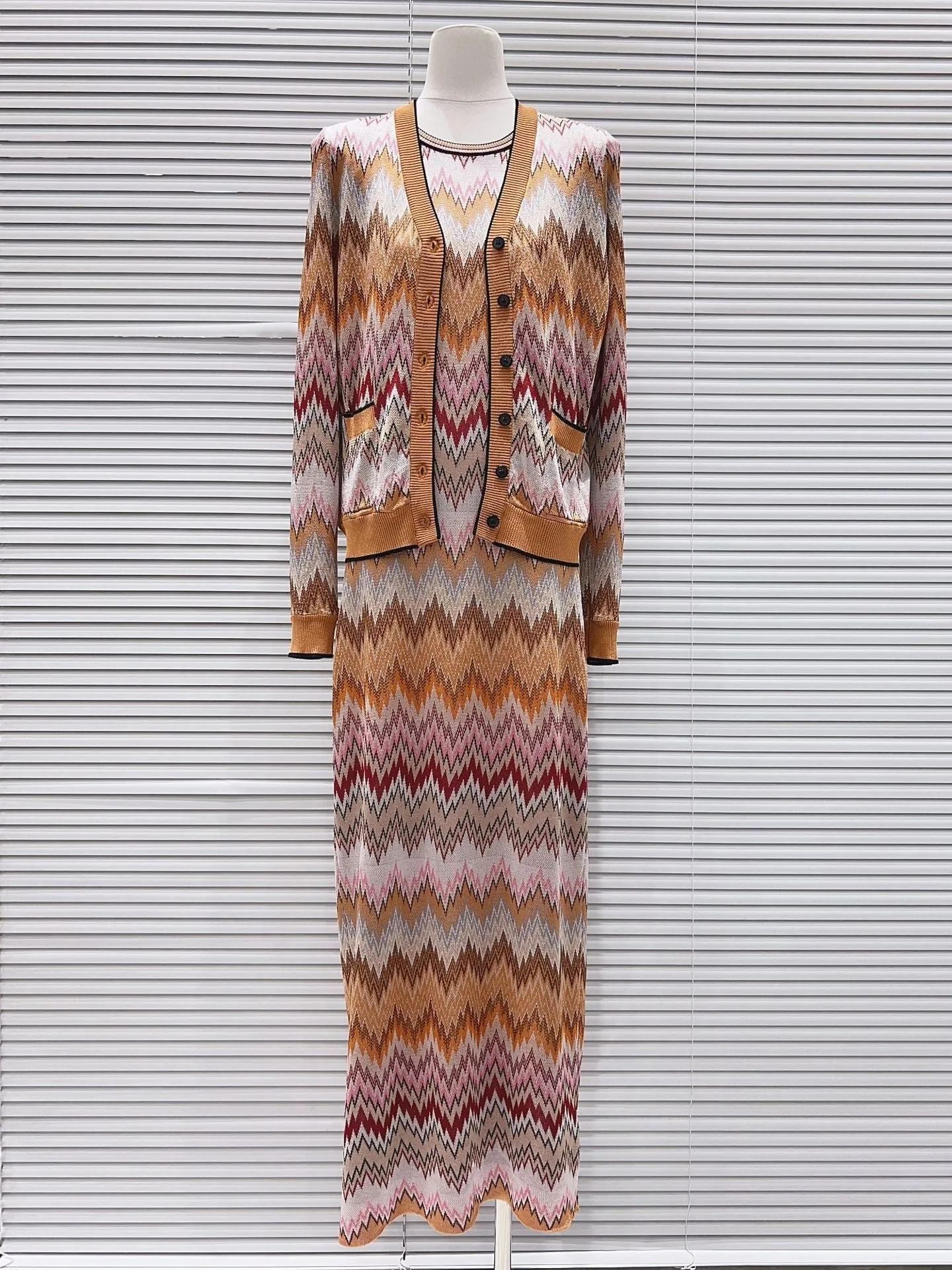 High-End Version European Style Luxury  Patterned Long Sleeve Open Cardigan Top Knitted Dress Set Slim Fit Fashionable