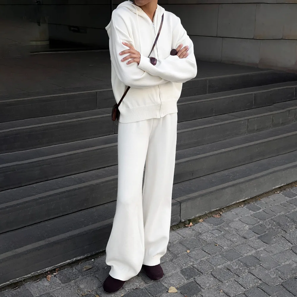 Sports Style Hooded Zipper Cardigan Wide Leg Pants Suit Autumn and Winter Women's Lazy Style Loose Thick Warm Jacket Pants 2Pcs