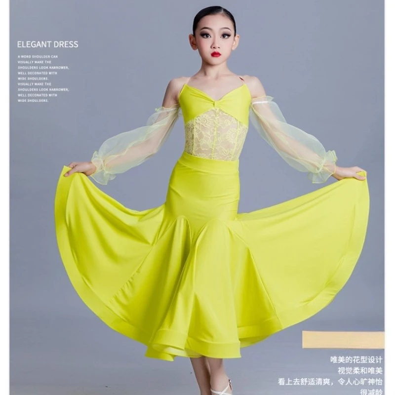 

Желтое платье для бальных танцев для девочек с v-образным вырезом, платье для соревнований по вальсу, танго, стандартный танцевальный сценический костюм VTM-1855