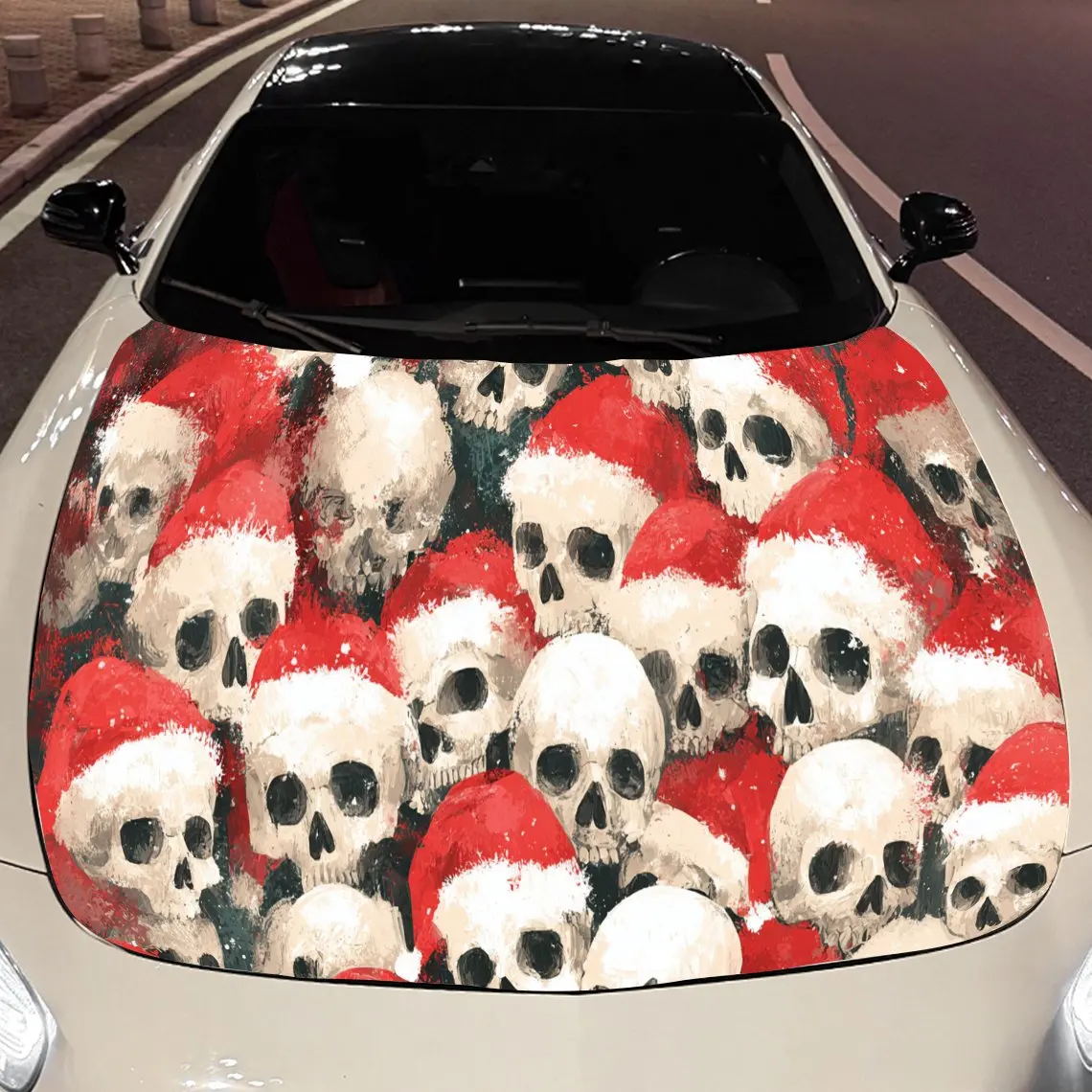 Christmas Skulls Car Hood Sticker PVC Self Waterproof Stick, Striking Auto Exterior Accessories Decor Protect Gift for Car Lover