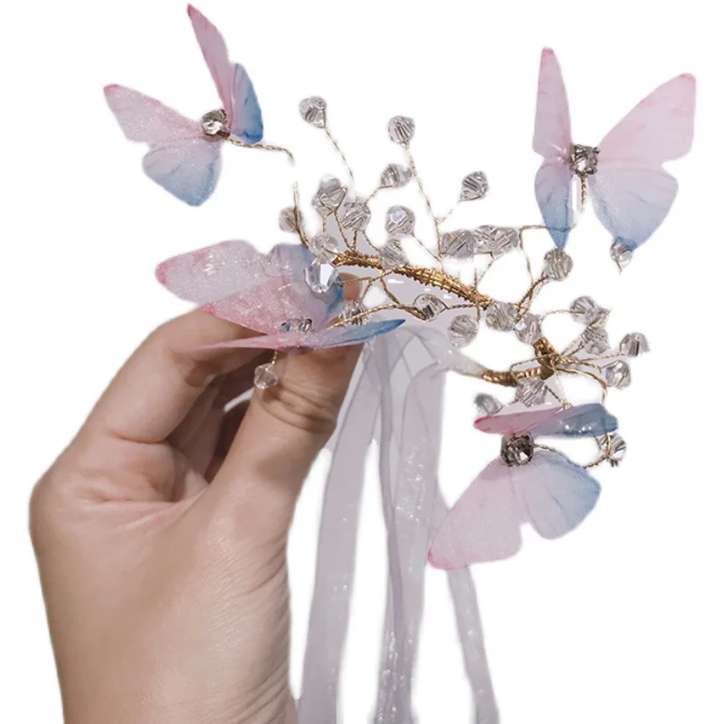 Little Fresh Mori Wedding Bride Wrist Flower Bridesmaids Bracelet Flower Blue Pink Butterfly Crystal Hand Tie Flower