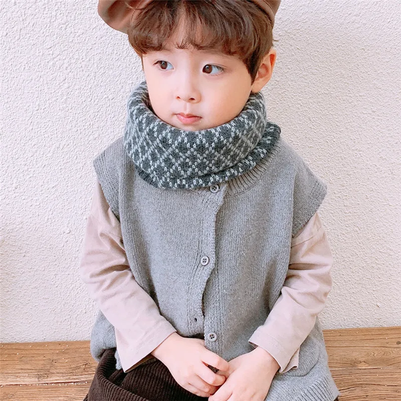 Fashion Diamond Grid Knitted Children\'s Scarf Winter Warm Windproof Cute Boys and Girls Neck Cover Scarves Clothing Accessories