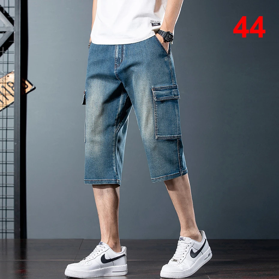 Cargo Jeans Men 44 Plus Size Calf-length Pants Fashion Casual Denim Pants Male
