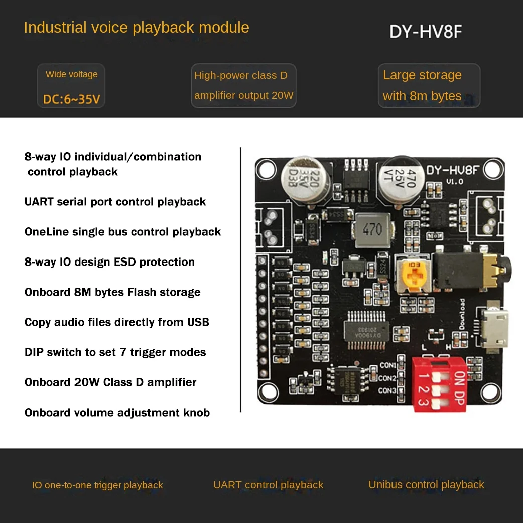 

FZFZ DY-HV8F Voice Playback Module 12V/24V Trigger Serial Port Control 10W/20W with 8MB Flash Storage MP3 Player for