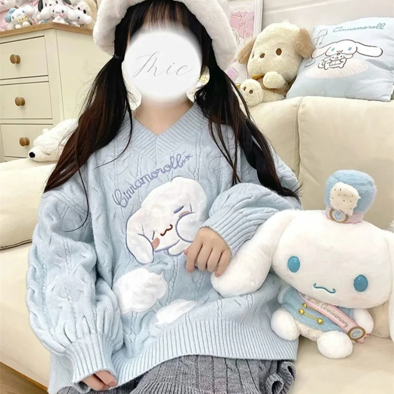 Sanrio Kawaii Cinnamoroll maglione Anime autunno e inverno ricamo a prova di freddo top interno cartone animato Pullover lavorato a maglia cappotto