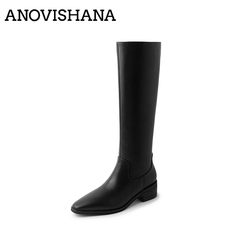 ANOVISHANA 2027 Genuine Leather Cow Knee High Bota Ridding Fur Pointed Toe Women Chunky 4.5cm Square Heel Slip On Black Brown 40