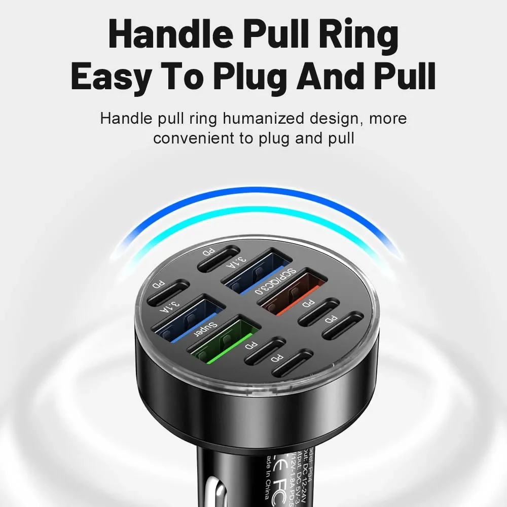 250W 10 Ports Car Charger Fast Charging PD QC3.0 USB C Car Phone Charger Type C Adapter in Car For iPhone Samsung Huawei Xiaomi