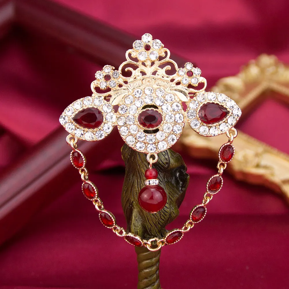 Elegent Princess Women Brooch Tassels Chain Crystal Caftan Hijab Flower Pins Gold Color Arabic Bridal Broches Jewelry