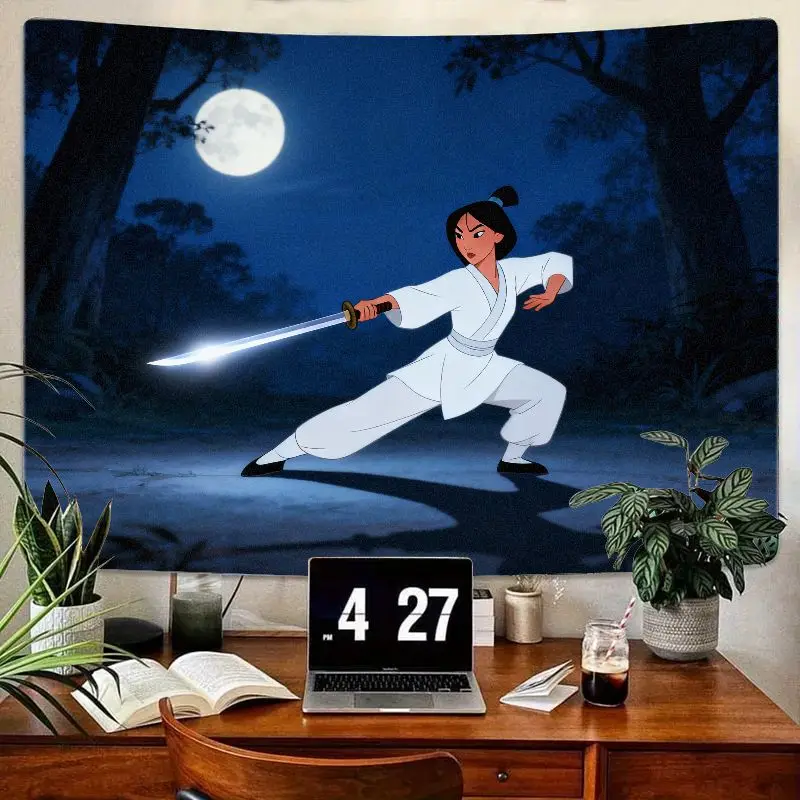 Tapiz de princesa guerrero Mulan de Disney, espada de acción heroica, Luna nocturna, arte de pared de poliéster para decoración de sala de estar, dormitorio, 1 ud.