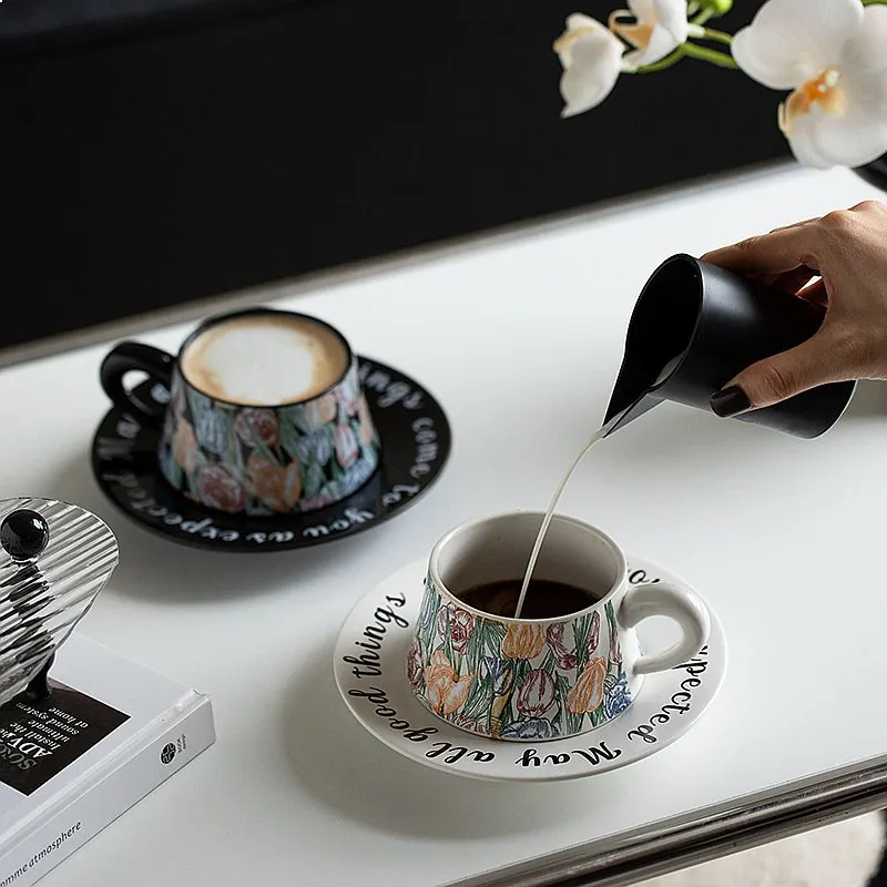 

Mid Century Modern Oil Painting Ceramic Coffee Cup Saucer Set High Appearance Mug Premium Afternoon Tea Drinkware Gift Box