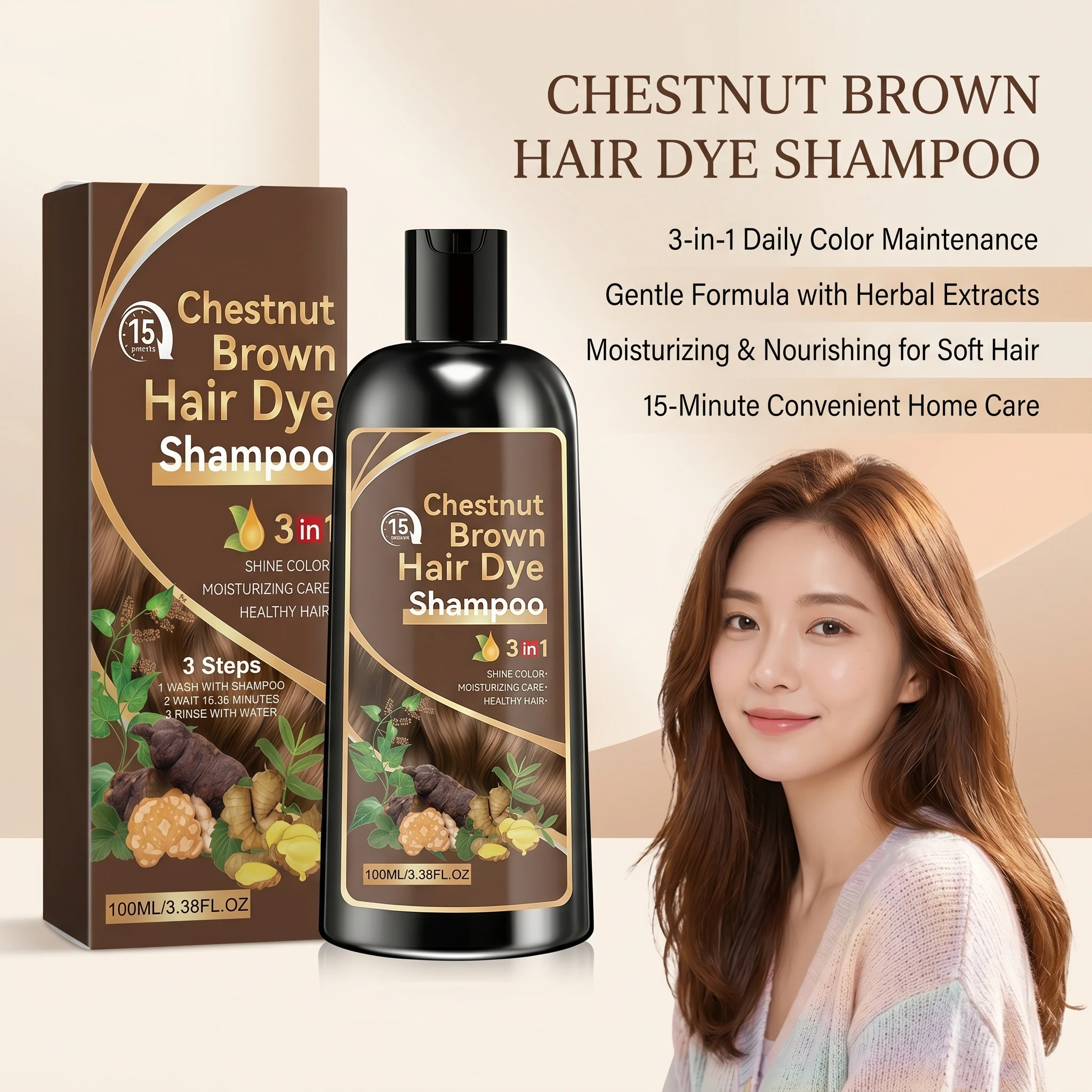 Natural Plant-Based Hair Coloring Shampoo Moisturizing Coverage Gray Hair Long-Lasting Black Color 3 in 1 Black Hair Dye Shampoo