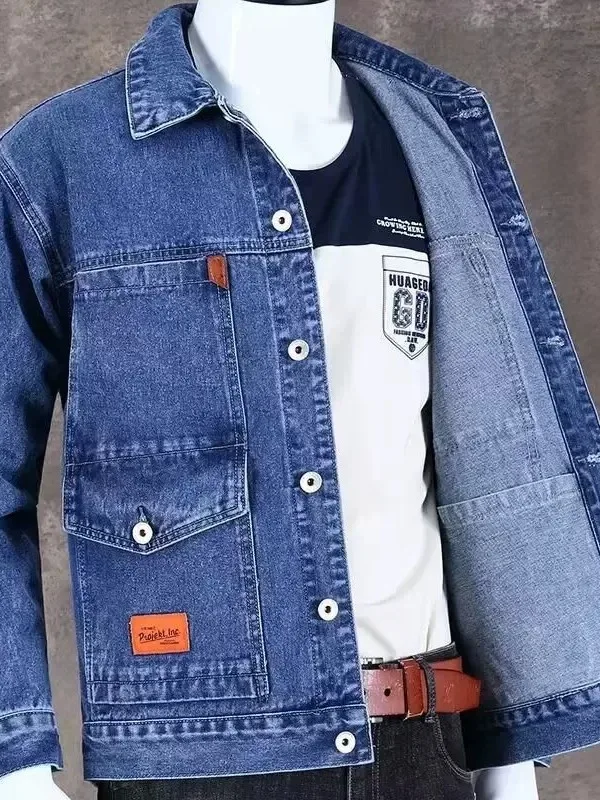 Men's Casual Wearable Denim Jacket Spring Autumn Fashionable Handsome Wear Resistant Multi Pocket Workwear Loose Large Size