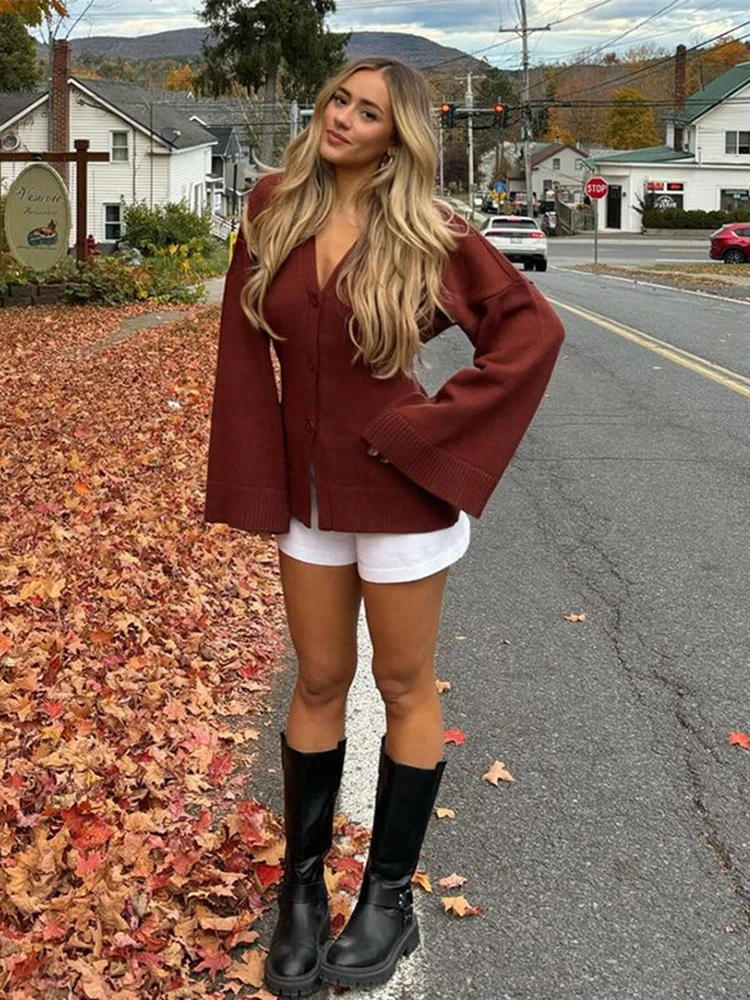 

Casual Knit Cardigan Women Loose V Neck Big Sleeves Single Breasted Sweater Female 2024 Autumn Winter Fashion Solid Knitwears