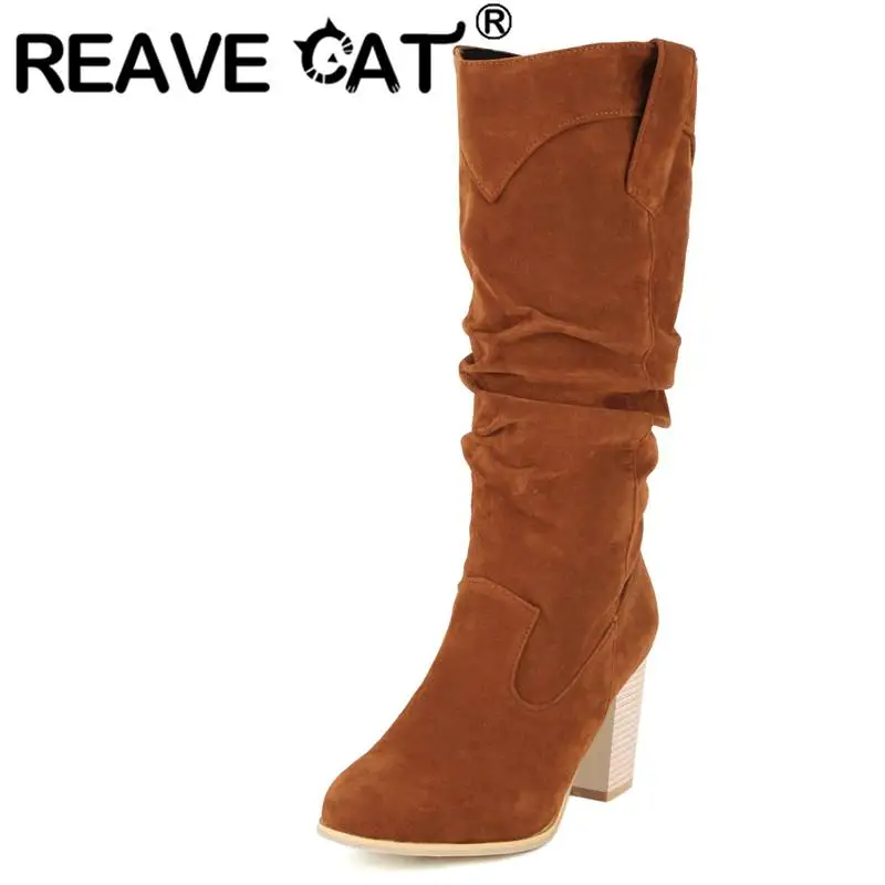 REAVE CAT 29cm Mid Calf Boots Womens Round Toe Chunky Heels 8.5cm Slip-on Flock Pleated Size 34-43 S4200