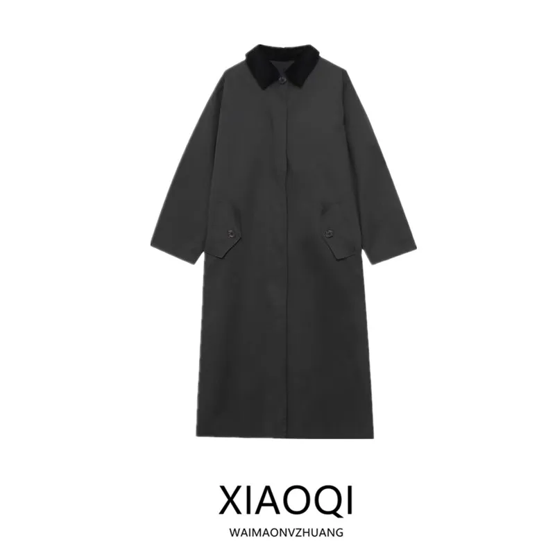 

New 2025 Autumn Women's Long Corduroy Collar Wax Leather Windbreaker Versatile Faionable Commute Sle Regular Sve Long ...