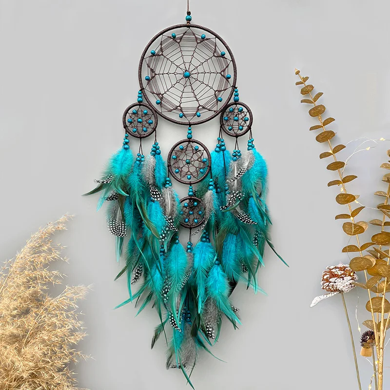 Vintage blaue Federn Traumfänger Wandbehang Schlafzimmer Anhänger Home Dekorationen handgemachte Windspiele für Urlaubsgeschenke