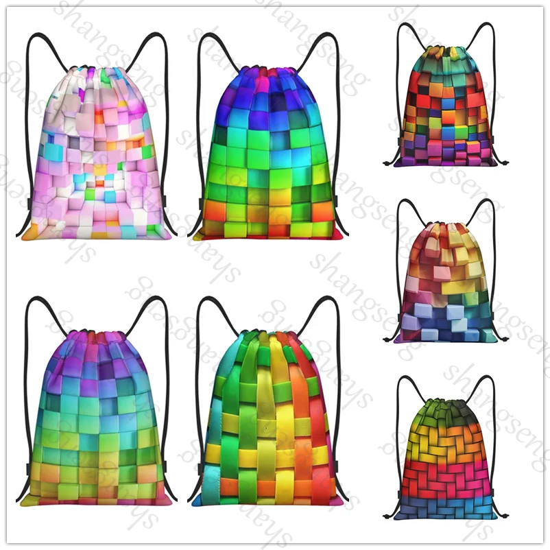 Drawstring Bag Sports Backpack Bundle Pocket Basketball Bags Boy Birthday Christmas Shoe Sports Bag Rainbow cube grid pattern