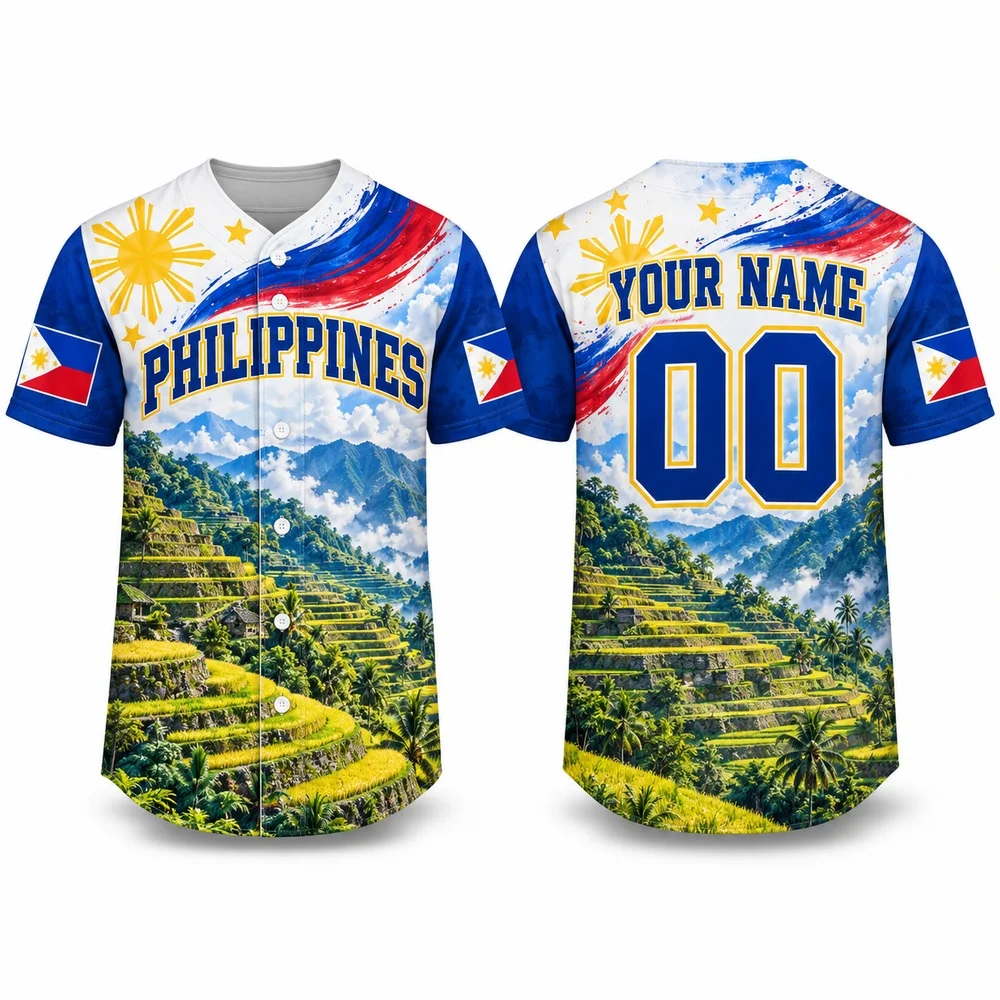 DIY Blue Red White Philippines Shirts Mayon Volcano Eagle and Islands Baseball Jersey Personalized Name Number Jerseys Shirt